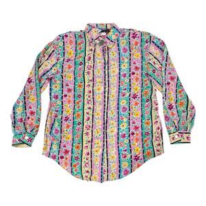 S.G. Sport Women's Medium Striped Floral AOP Colorful Blouse Button Up Retro USA